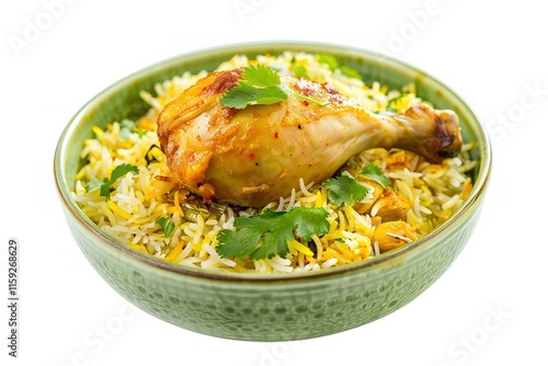 Bowl of rice with chicken and green herbs photo