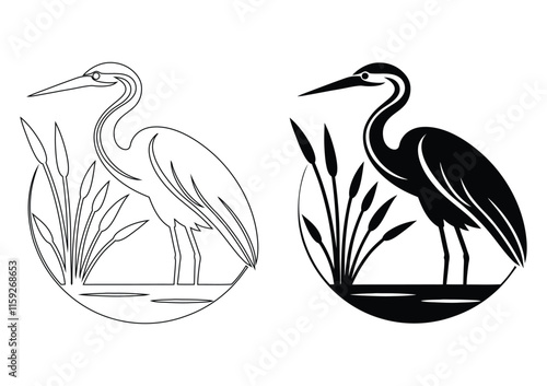 heron silhouette and line art isolated on white photo