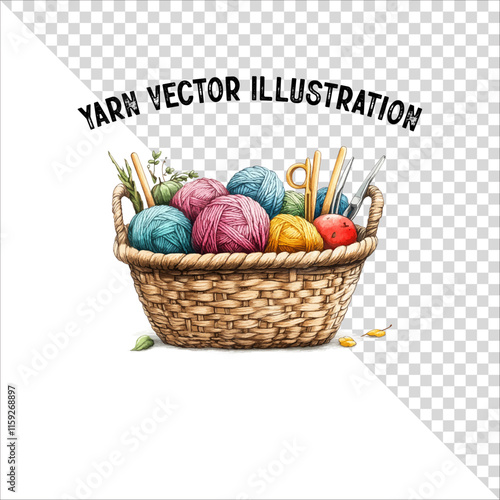 A clipart of knitting needles and yarn with basket. Skein of yarn with knitting needles
