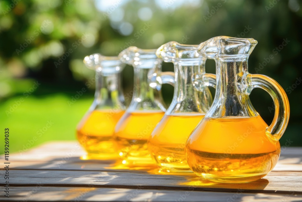 A row of glass jugs filled with yellow liquid, used for storage or display A row of glass jugs filled with yellow liquid, used for storage or display