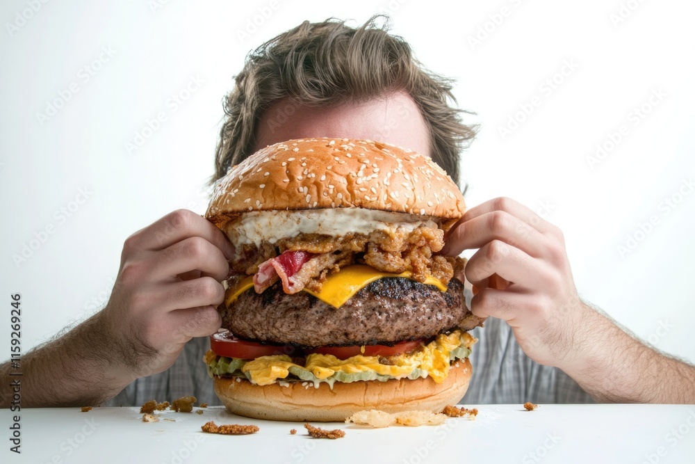 A person enjoying a big hamburger A person enjoying a big hamburger