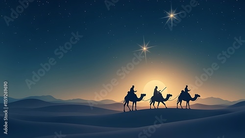 Silhouettes of Three Wise Men on Camels under a Starry Night Sky – Epiphany Journey Concept Background. Majestic Scene with Star of Bethlehem Highlighting Desert Dunes, Spiritual and Mystical Artwork.