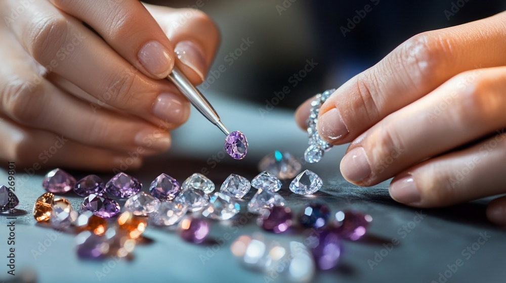 Close-up of jeweler's hands setting gemstones in a ring. Close-up of jeweler's hands setting gemstones in a ring.