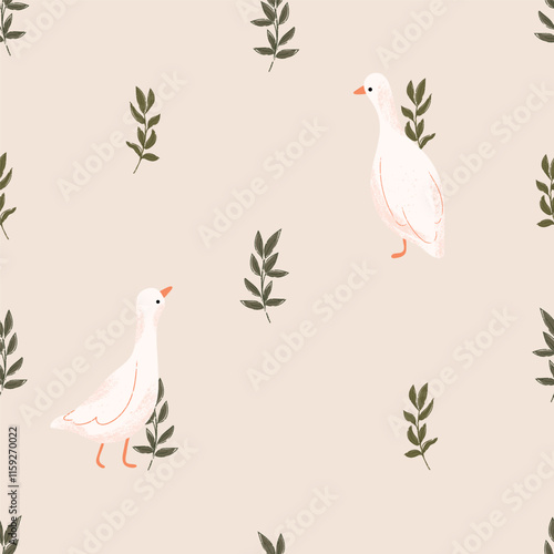 Seamless pattern with goose and floral. Vector farm animals background. Hand drawn goose illustration.