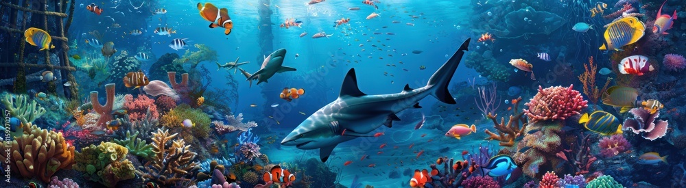 Coral reef with sharks, fish, and sunlight. Coral reef with sharks, fish, and sunlight.