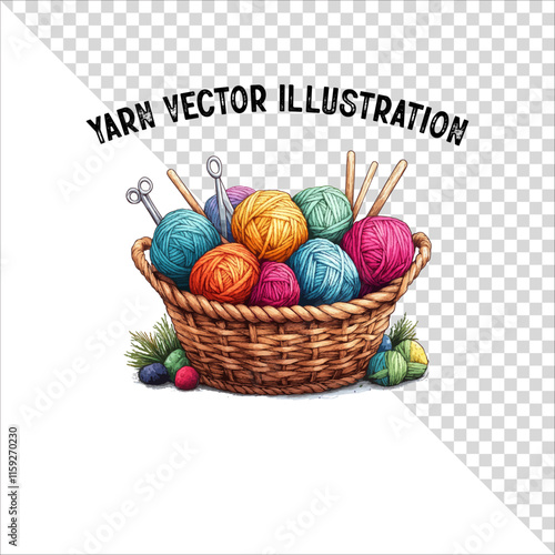 A clipart of knitting needles and yarn with basket. Skein of yarn with knitting needles