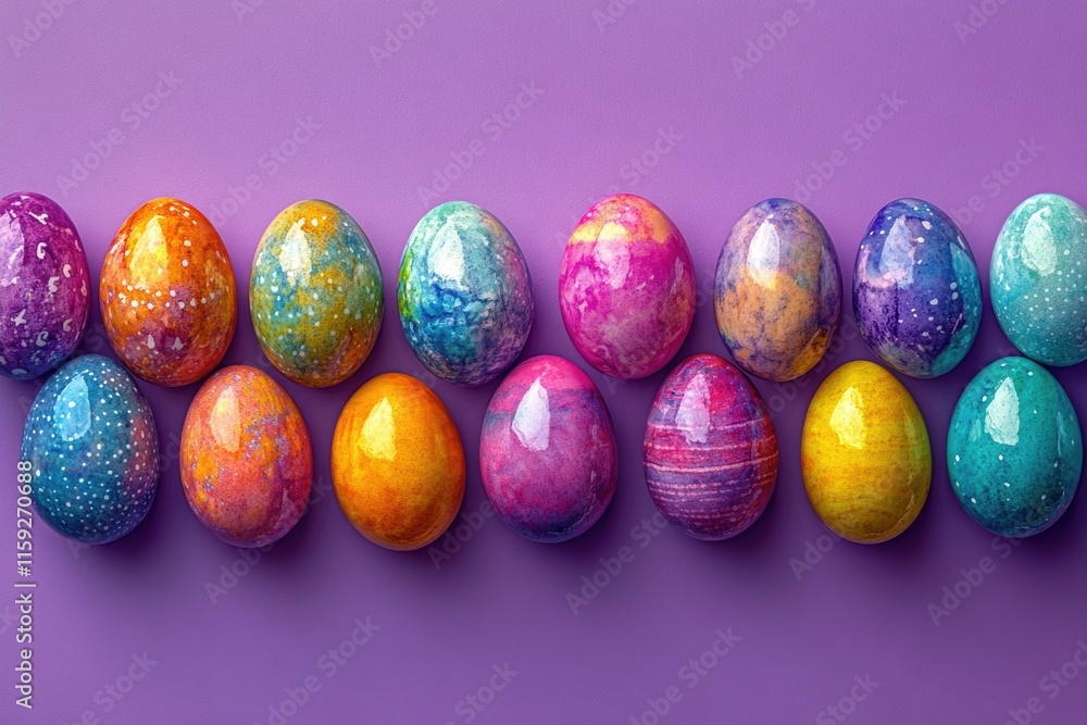 Decorative Easter eggs arranged on a purple background Decorative Easter eggs arranged on a purple background