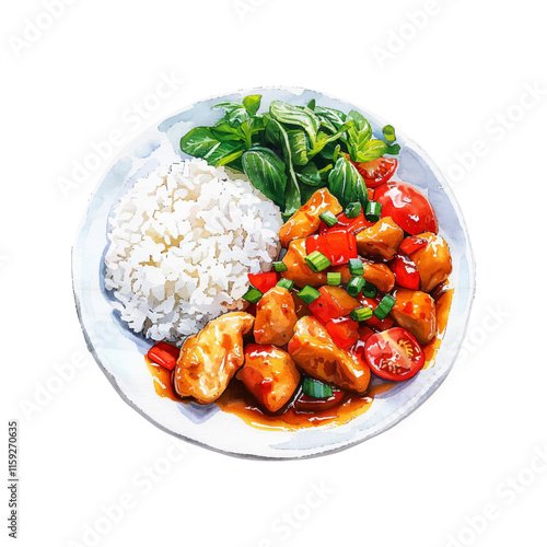 chicken stir-fry with rice vector illustration in watercolor style