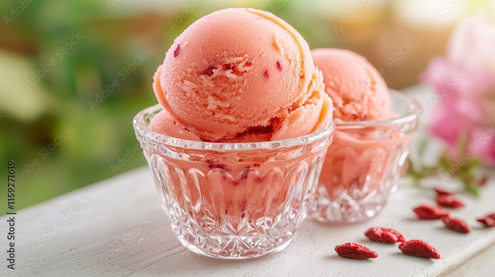 Goji berries are a superfood for wellness. Delicious pink ice cream scoops in elegant glass bowls. Goji berries are a superfood for wellness. Delicious pink ice cream scoops in elegant glass bowls.