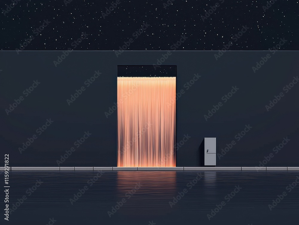 A surreal doorway with flowing fabric under a starry night sky. A surreal doorway with flowing fabric under a starry night sky.
