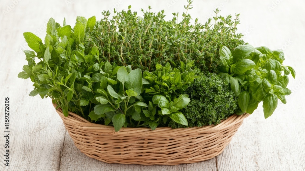 Fresh Herbs in a Minimalist Basket on a Light Table Fresh Herbs in a Minimalist Basket on a Light Table