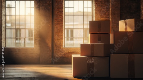 Cardboard boxes set up in an antique home, prepared for a move with packing and moving supplies. photo