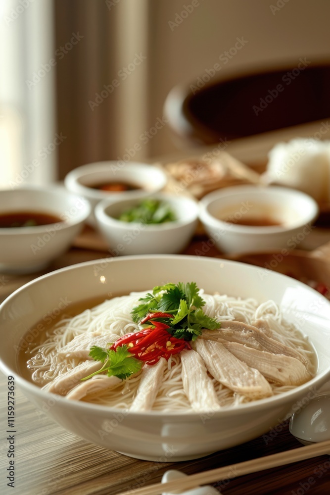 Chicken noodle soup, with chili and herbs, served with dipping sauces. Chicken noodle soup, with chili and herbs, served with dipping sauces.