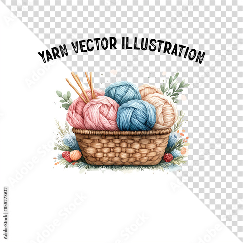 A clipart of knitting needles and yarn with basket. Skein of yarn with knitting needles