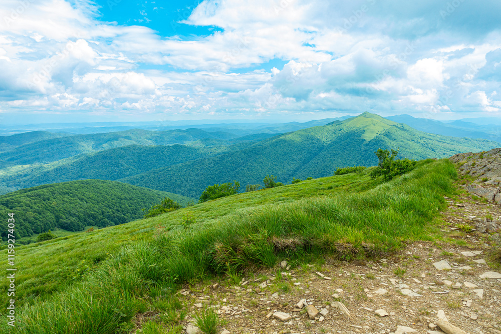 Bieszczady góra góry połoniny las drzewa dolina niebo chmury wiosna lato
