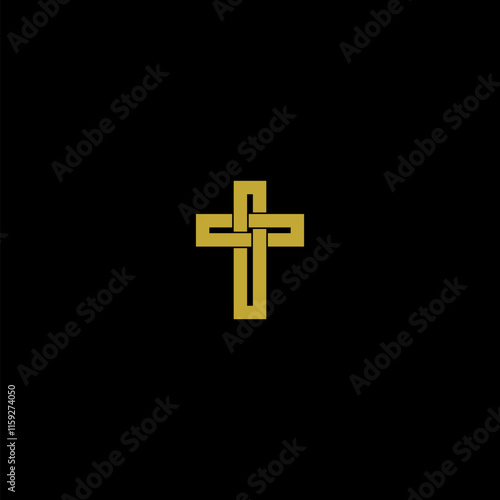 Gold christian cross icon isolated on dark background