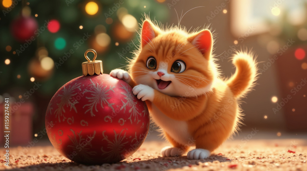 Cute kitten playing with a red Christmas ornament Cute kitten playing with a red Christmas ornament