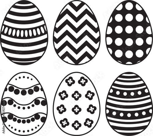 black and white easter eggs with different textures on a white background 3