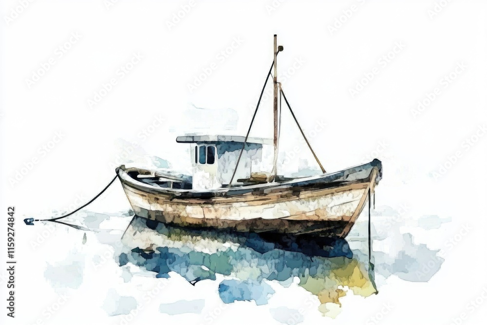 A painting of a boat floating peacefully on calm water A painting of a boat floating peacefully on calm water