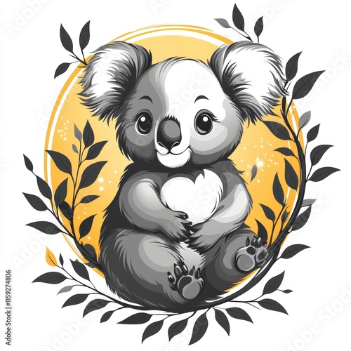 Adorable koala holding heart, surrounded by leaves. photo