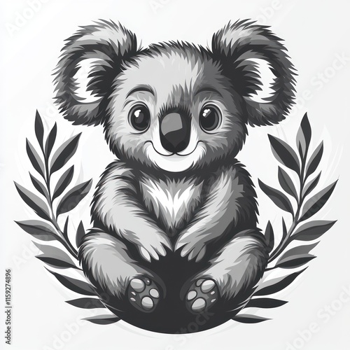 Adorable grayscale koala sitting amidst leaves. photo