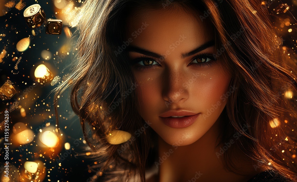 Radiant woman surrounded by golden light and shimmering floating elements Radiant woman surrounded by golden light and shimmering floating elements