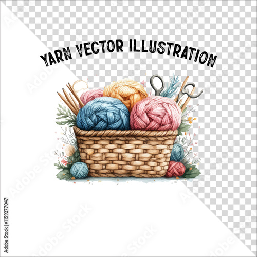 A clipart of knitting needles and yarn with basket. Skein of yarn with knitting needles