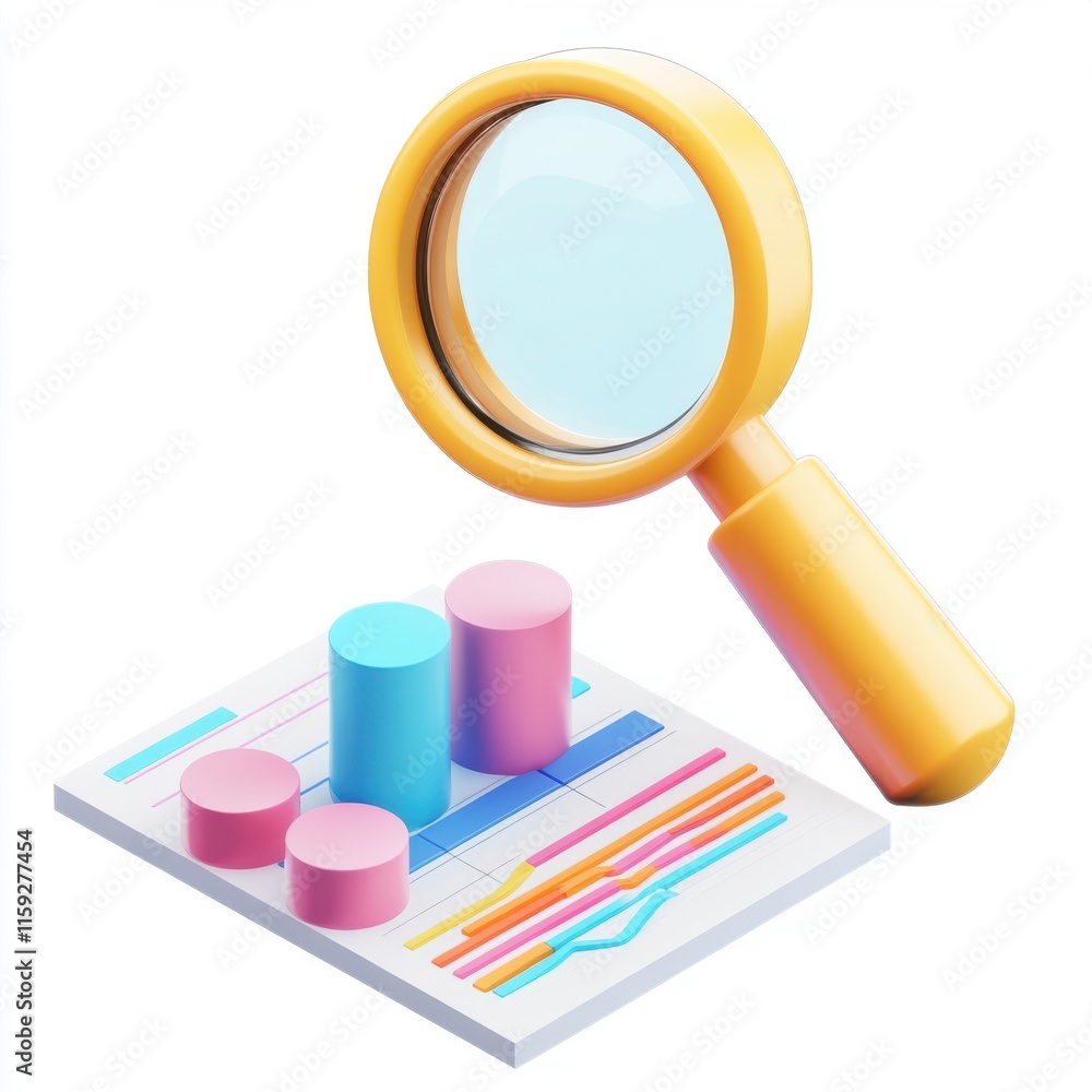 Colorful 3D magnifying glass hovering over financial charts and graphs, symbolizing data analysis. Colorful 3D magnifying glass hovering over financial charts and graphs, symbolizing data analysis.