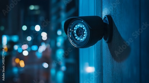 Night security camera mounted on wall, city lights blurred background.