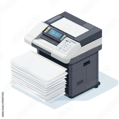 An office printer with a sleek design, surrounded by reams of freshly printed white paper.