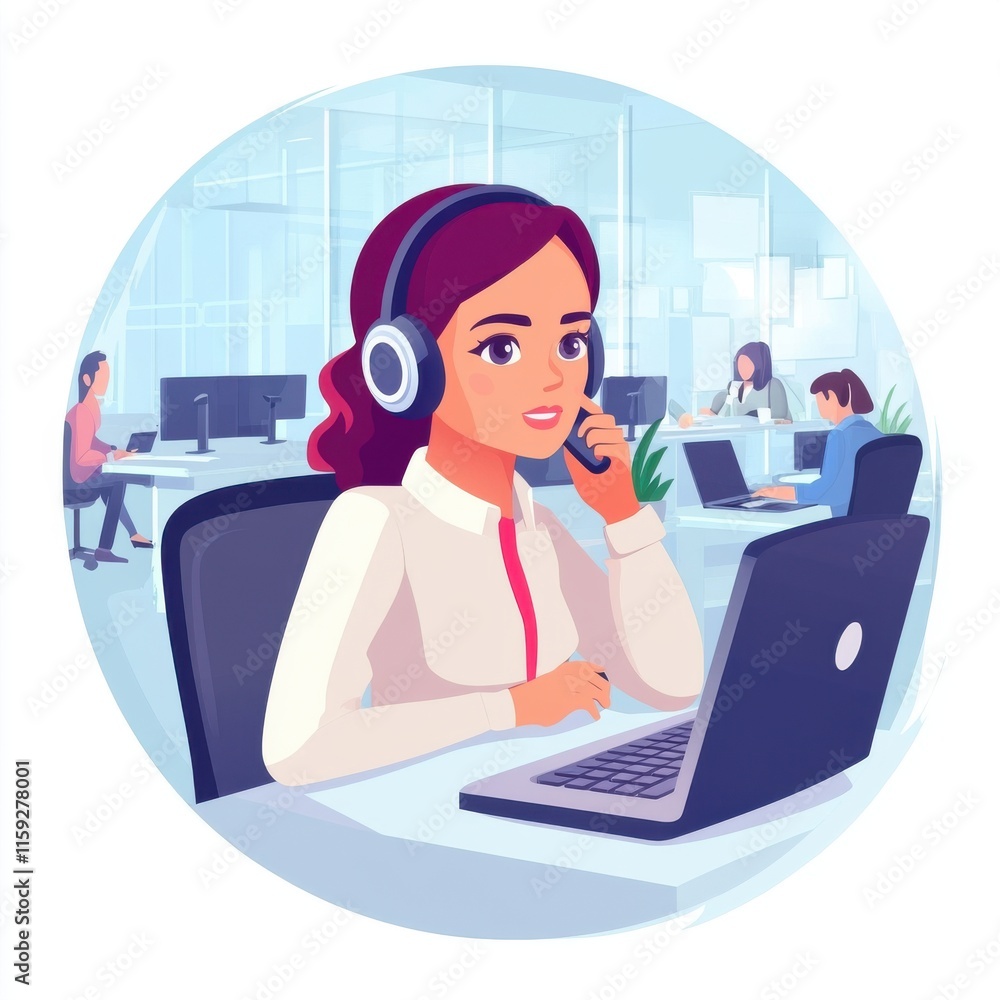 A young Hispanic woman wearing a headset, focused on her laptop in a modern office environment. A young Hispanic woman wearing a headset, focused on her laptop in a modern office environment.