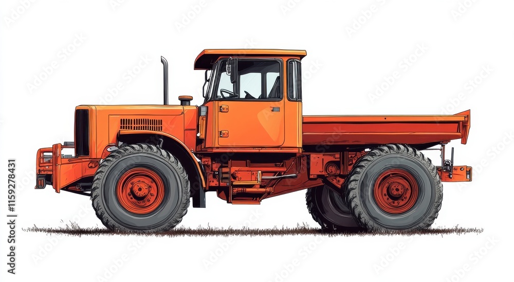Illustration of a Vibrant Orange Grader Truck in Detailed Flat Style Illustration of a Vibrant Orange Grader Truck in Detailed Flat Style