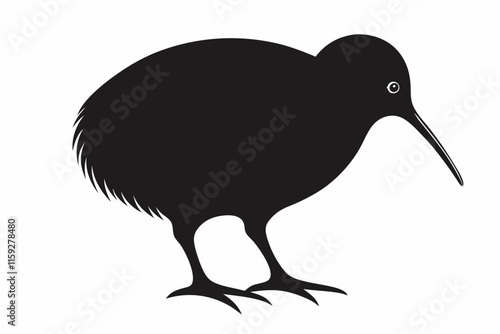 Black silhouette kiwi bird icon and vector illustration.  A kiwi bird with a long beak is drawn on a white background
