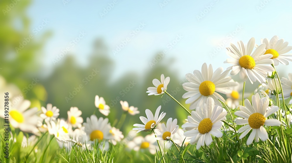 Bright and Cheerful Daisies Blooming in a Sunlit Green Field during Spring Season Bright and Cheerful Daisies Blooming in a Sunlit Green Field during Spring Season