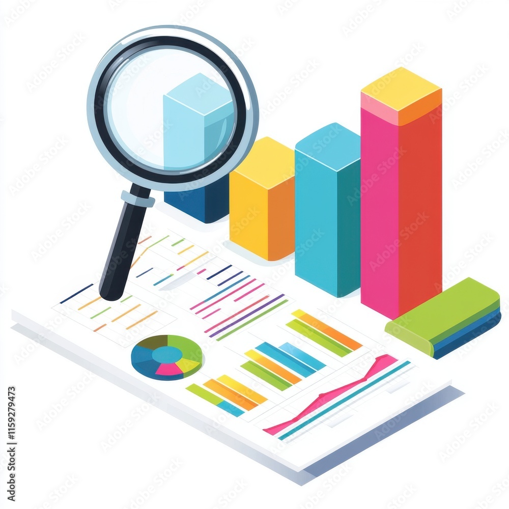 Colorful data visualization with charts and a magnifying glass analyzing statistics and trends. Colorful data visualization with charts and a magnifying glass analyzing statistics and trends.