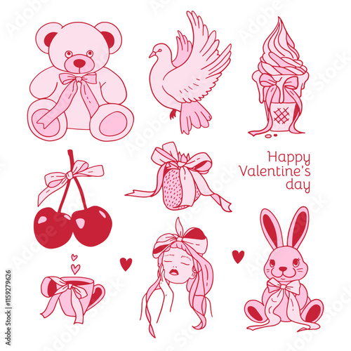 Hand drawn Valentine s day coquette clipart set. Cute elements with satin bows and pink ribbons. Contour vector illustration.