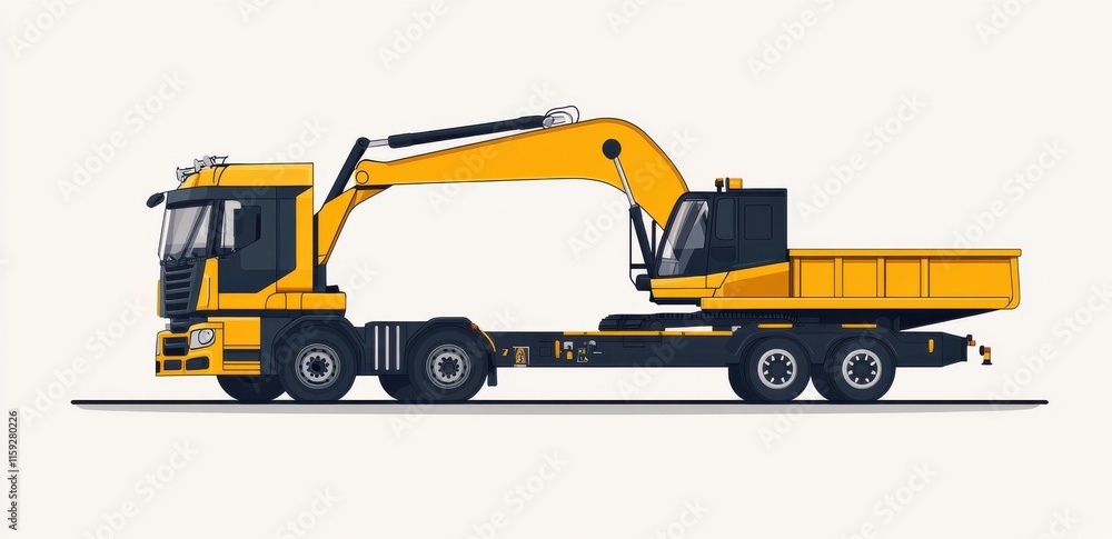 Illustration of a modern truck with attached excavator in vibrant yellow Illustration of a modern truck with attached excavator in vibrant yellow