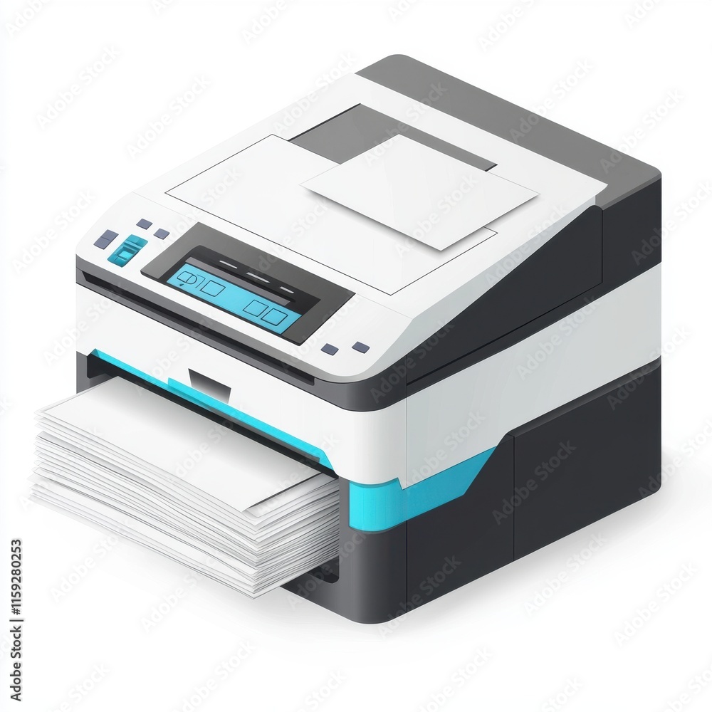 A modern multi-function printer in sleek black and white design printing a stack of paper. A modern multi-function printer in sleek black and white design printing a stack of paper.
