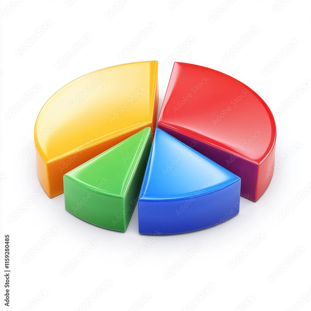 Fototapeta premium Colorful 3D pie chart representing data segments in vibrant hues of red, blue, green, and yellow.