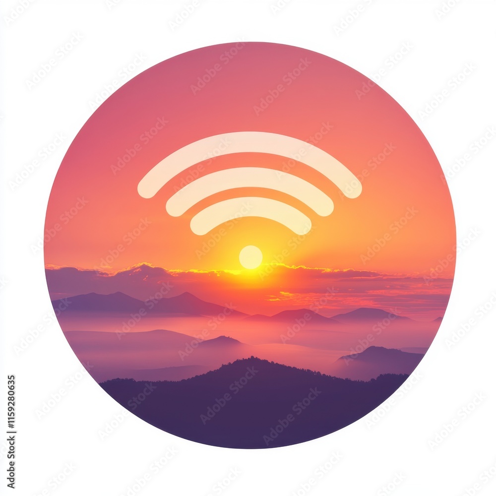 Obraz premium A serene sunset over mountains, symbolizing connectivity and tranquility with wireless signals in vibrant hues.