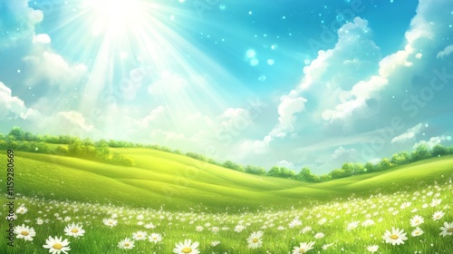 Bright and Scenic Sunlit Meadow with Flowers