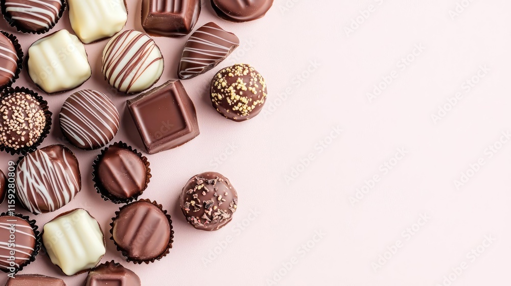 Minimal chocolates idea. A variety of delicious chocolates arranged on a pink background. Minimal chocolates idea. A variety of delicious chocolates arranged on a pink background.