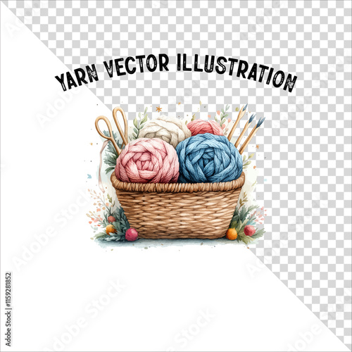 A clipart of knitting needles and yarn with basket. Skein of yarn with knitting needles