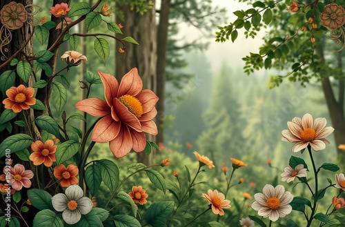 Vibrant Art Nouveau Garden Scene with Stylized Flowers