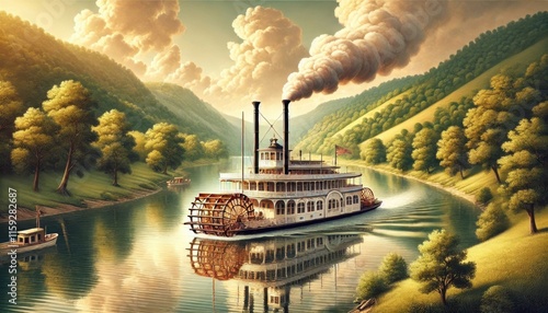 An illustration of a vintage steamboat cruising down a winding river, showcasing the charm of the 19th-century design
