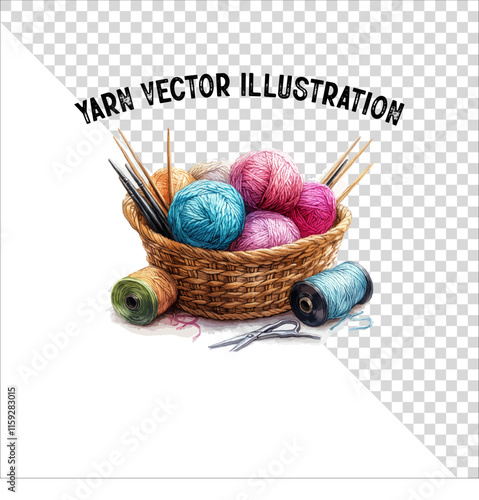 A clipart of knitting needles and yarn with basket. Skein of yarn with knitting needles