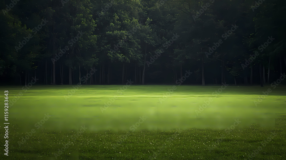 Obraz premium Secluded Meadow: An ethereal landscape unfolds, where a verdant meadow bathed in soft light gives way to a shadowy forest in the distance.