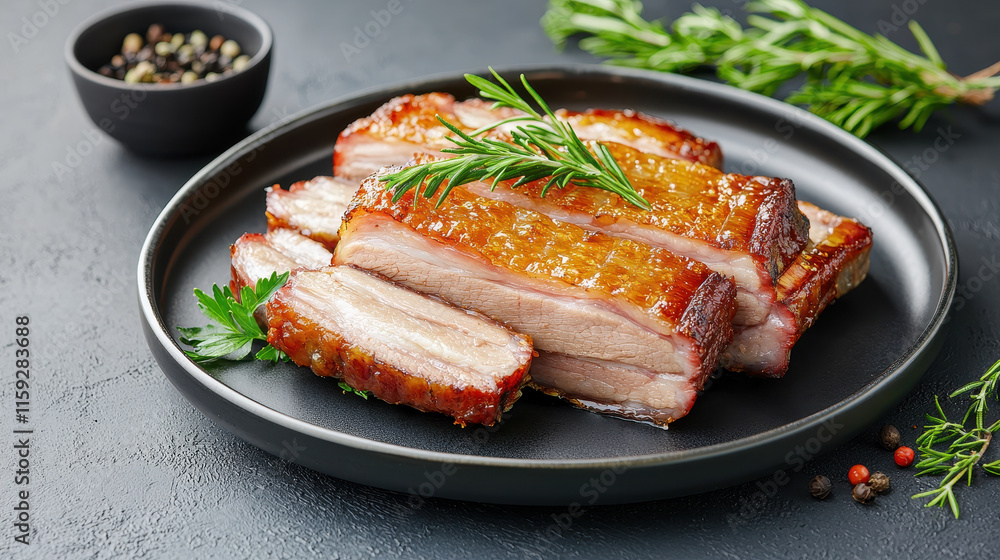 Crispy pork belly slices garnished herbs and the concept of saturated fat intake Crispy pork belly slices garnished herbs and the concept of saturated fat intake