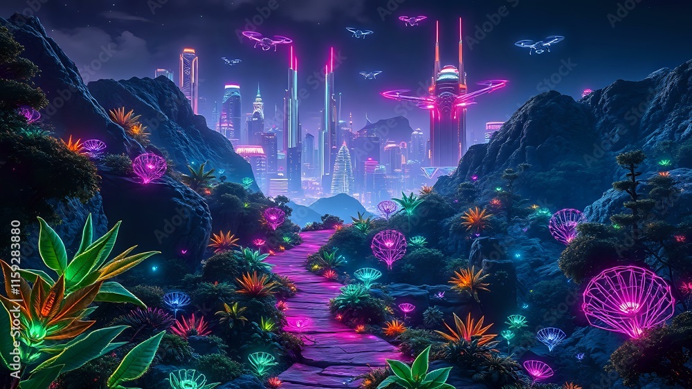 Futuristic Neon Cityscape with Glowing Flora Futuristic Neon Cityscape with Glowing Flora