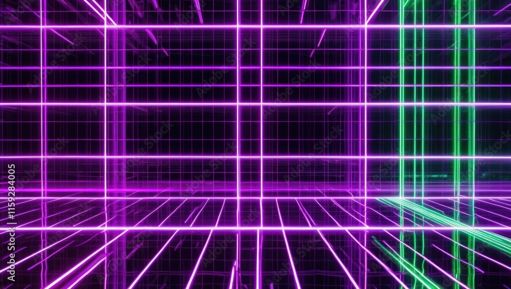 Fototapeta premium Futuristic digital grid with neon lights in purple and green, creating an abstract cyberspace atmosphere for technology themed designs